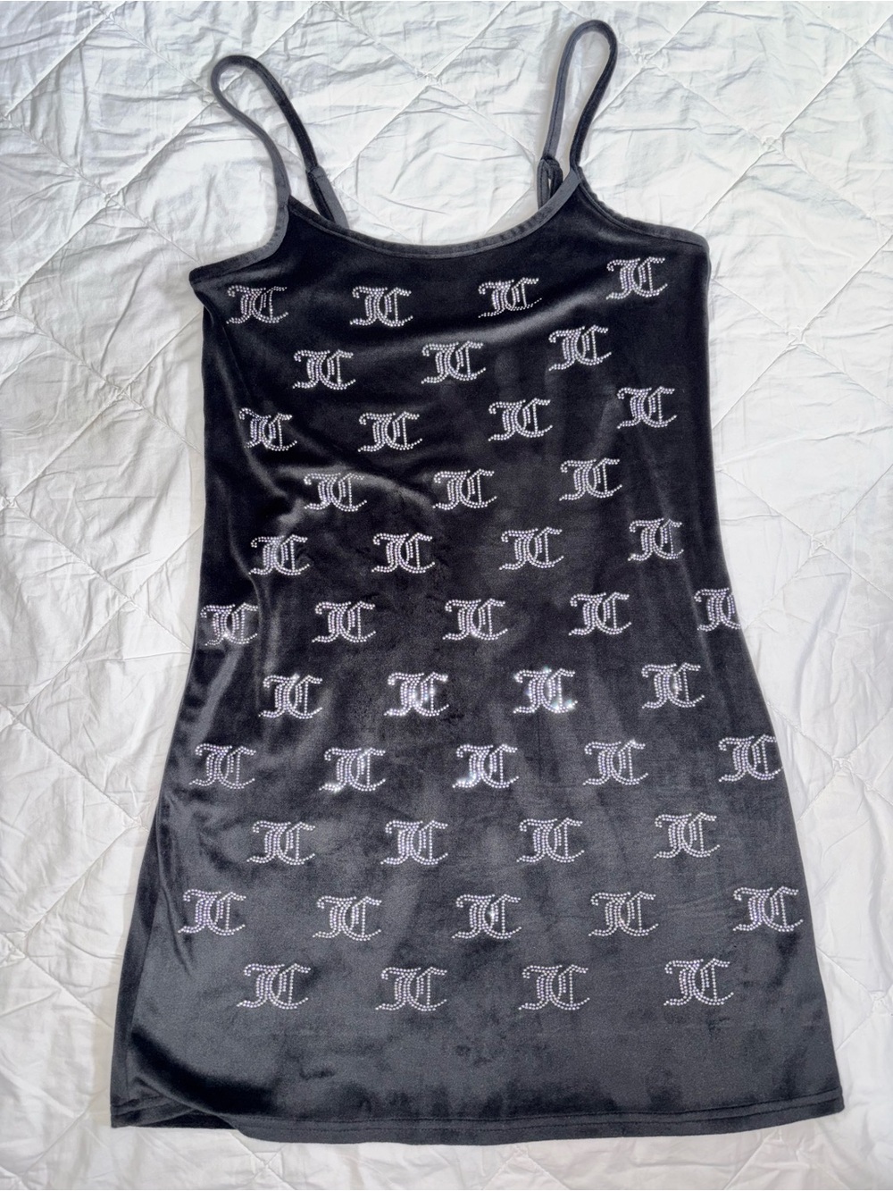 Juicy Couture Black Velour Logo-Print Slip Dress